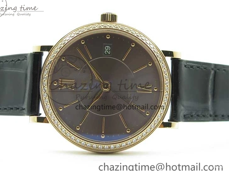 MIROTIME 1218 Durable Portofino 37mm RG V7F 1:1 Best Edition Gray Dial Diamonds Bezel on Black Leather Strap A 7089